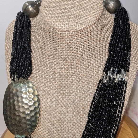 Vintage Layered Black Bead and Silver Statement Necklace - Picture 3 of 8